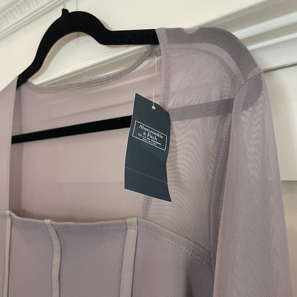 Abercrombie & Fitch Square Neck Mesh Long Sleeve Bodysuit Gray - Picture 3 of 6